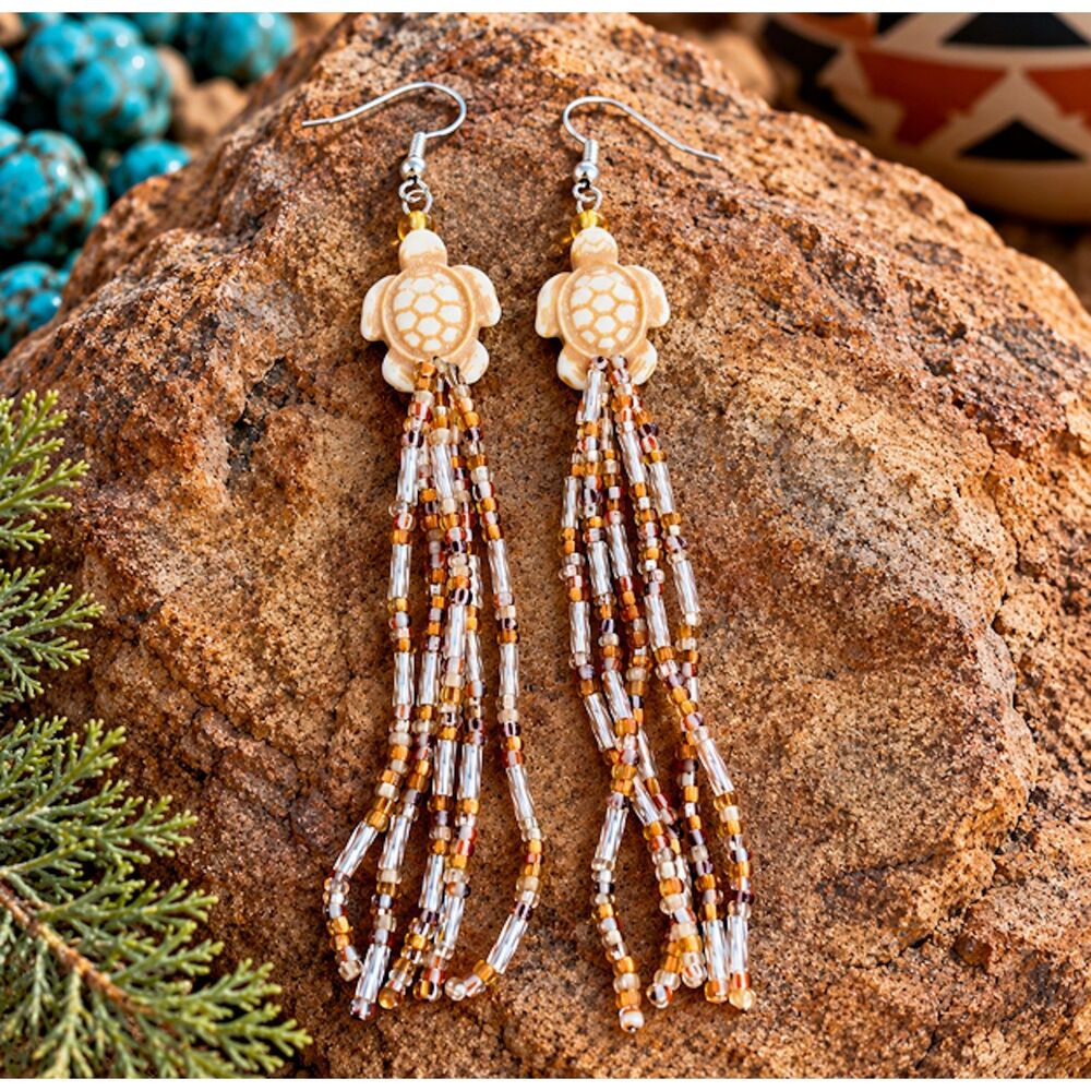 Turtle Dangle Earrings Silver and Gold Seed Bead Native American Style 4 Inchs